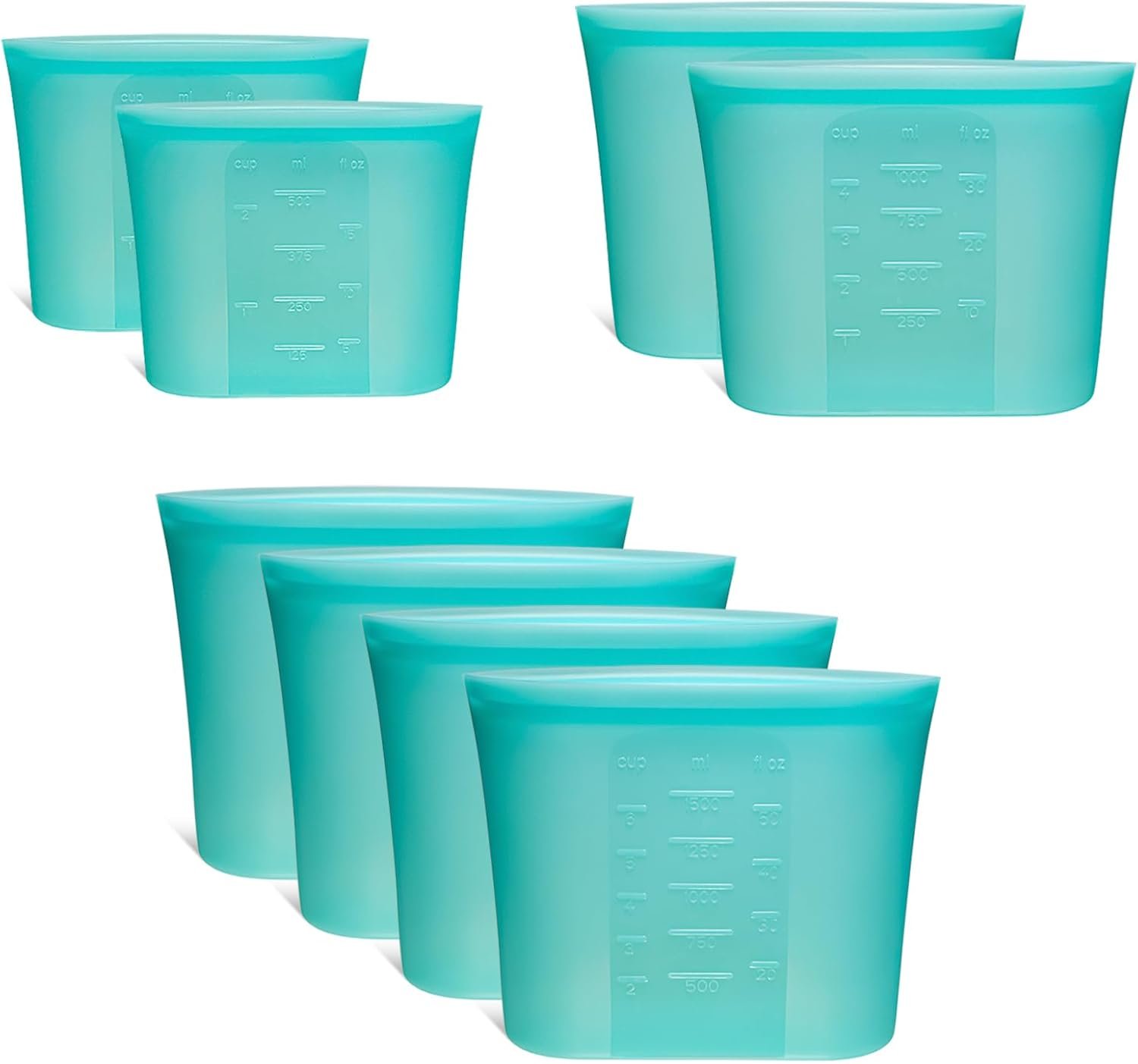 8-Pack Reusable Silicone Food Storage Bags, 100% Silicone Stand-Up Wide-Open Zip-Lock Reusable Storage Bags for Food, Freezer Microwave Oven Dishwasher Safe, Aqua, 4M 2S 2XS