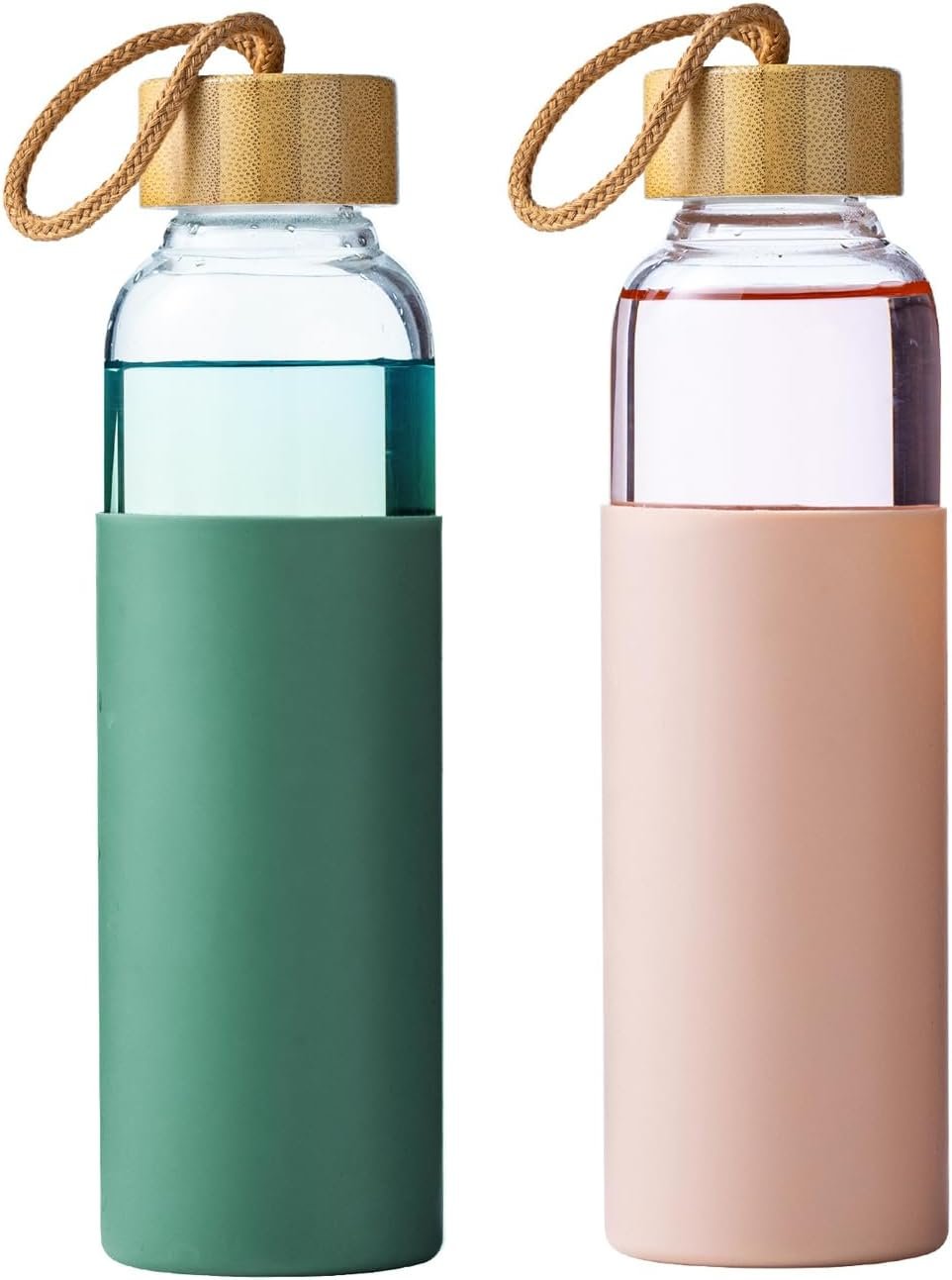 21 oz Borosilicate Glass Water Bottles with Silicone Sleeve & Leak-proof Lid,BPA Free, Dishwasher Safe-Reusable Clear Glass Drinking for Hot and Cold Drinks,Gym Travel Office cu.20.5 ft.(Green+Pink)