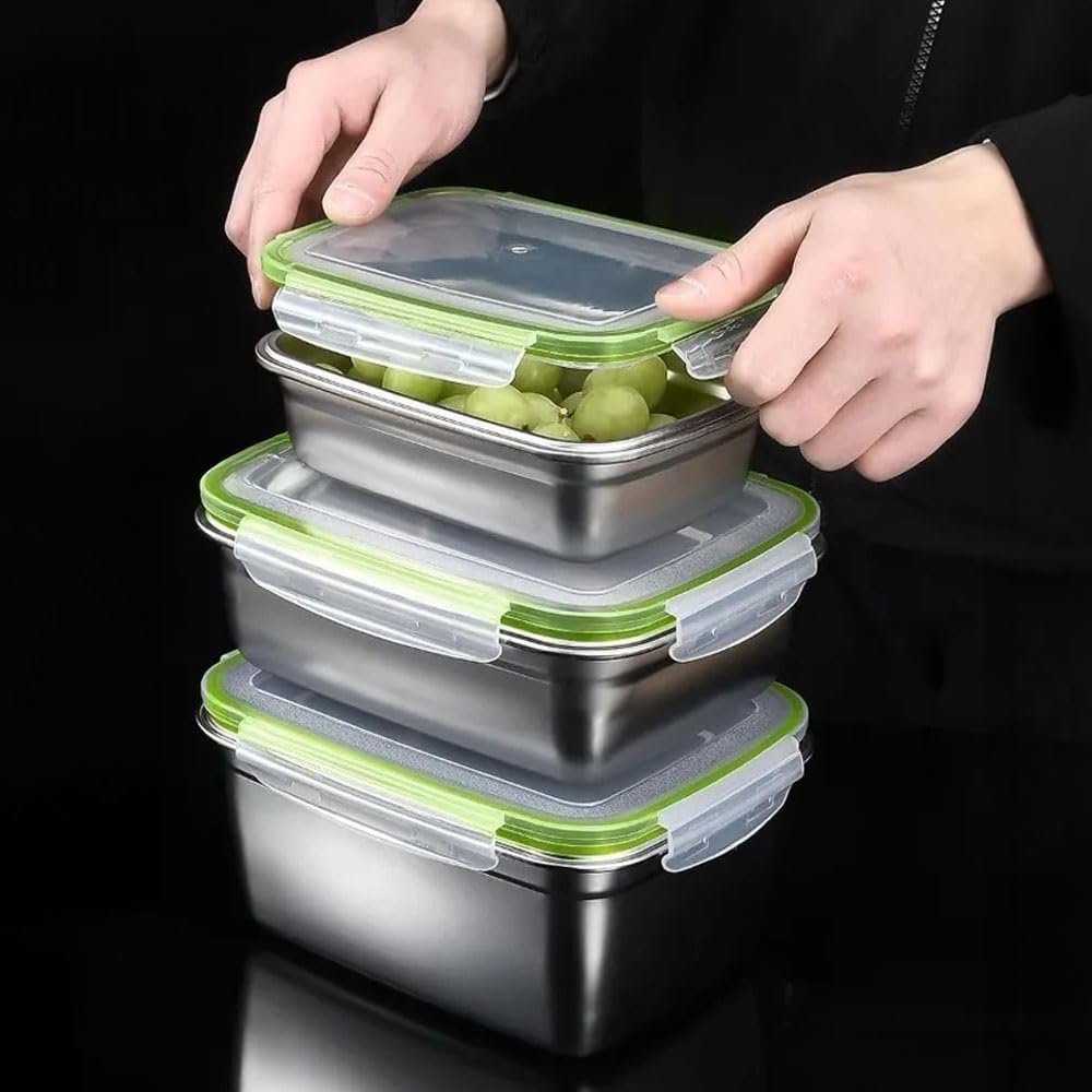 304 Stainless Steel Crisper Box Square with Lid Leak Proof Lunch Box Heat-resistant Food-grade Sealed Food Storage Box (550ml,16.5 * 12.5 * 6cm)