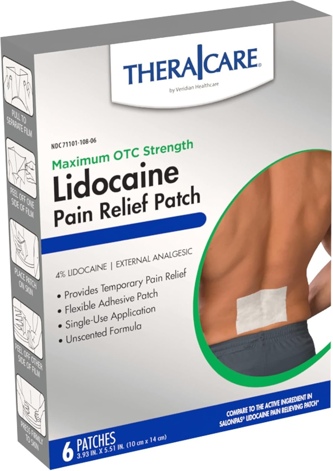 Thera|Care Maximum Strength OTC Pain Relief Patch | 4% Lidocaine Patch | 3.9” x 5.5” | 6-Count Box
