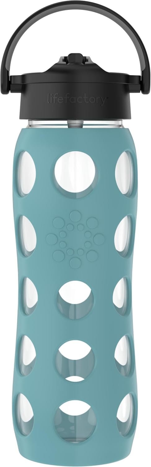 Lifefactory 22-Ounce Glass Water Bottle with Pivot Straw Cap and Protective Silicone Sleeve, Aqua Teal