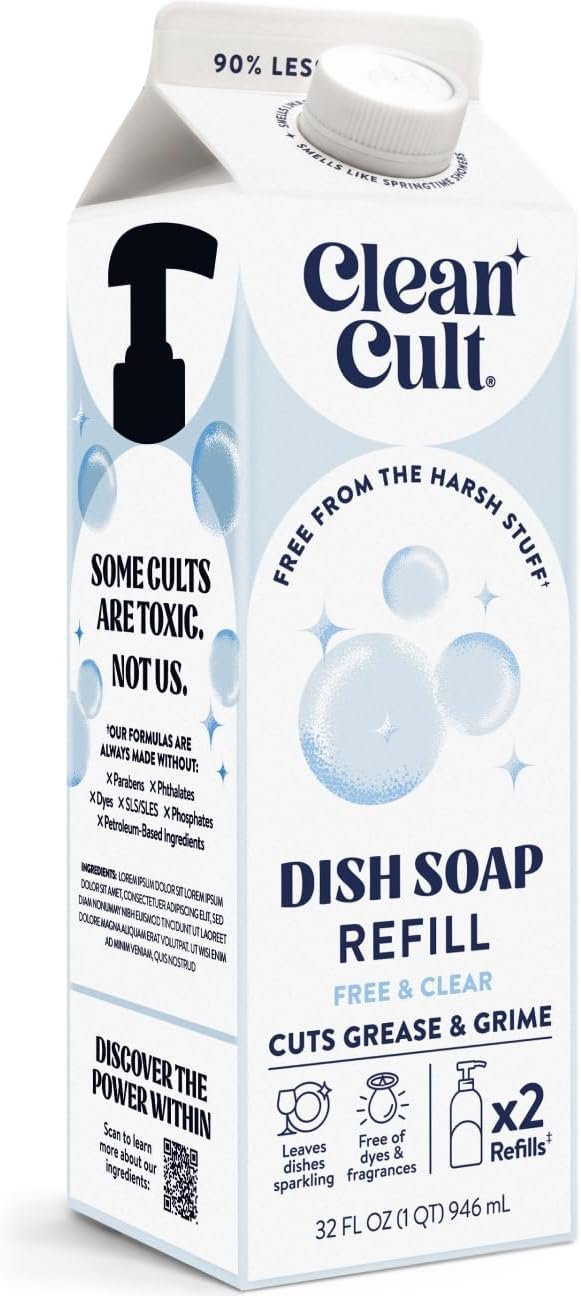 Cleancult Dish Soap Liquid Refill (32oz, 1 Pack) – Plant Based Cleaning Power – Dish Soap that Cuts Grease & Grime – Free of Harsh Chemicals – Uses 90% Less Plastic – Free & Clear