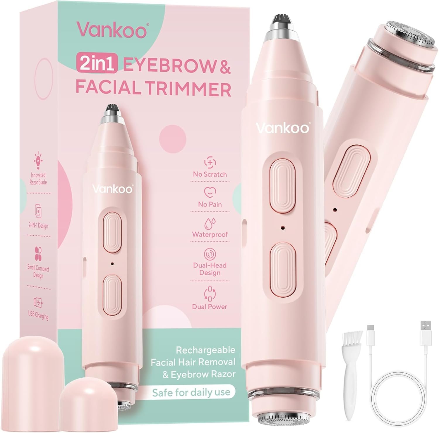 Vankoo 2 in 1 Facial Hair Remover & Eyebrow Trimmer for Women | Electric Face Shaver & Epilator for Face | Painless Flawless Facial Hair Removal for Women, Peach Fuzz & Upper Lip Hair Remover