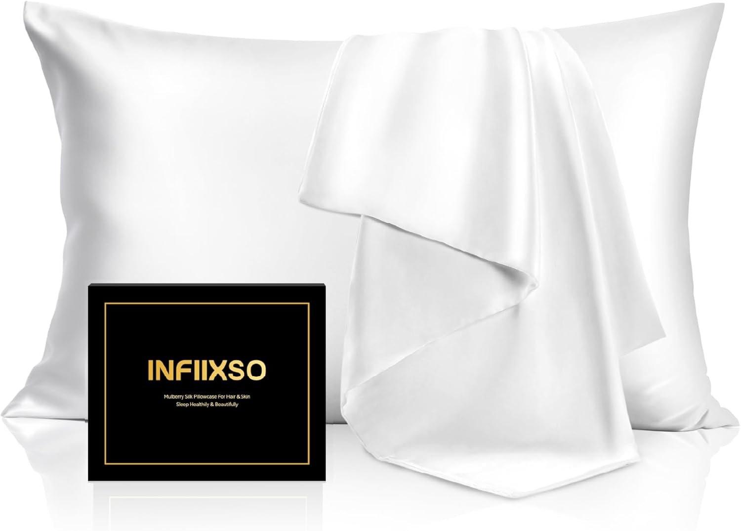 INFIIXSO Mulberry Silk Pillowcase 2 Count, Silk Pillow Cases Queen Size Set with Hidden Zipper 20×30 Inches, Ultra Smooth and Soft Cooling Pillow Cases for Hot Sleepers (White, 2 Count)