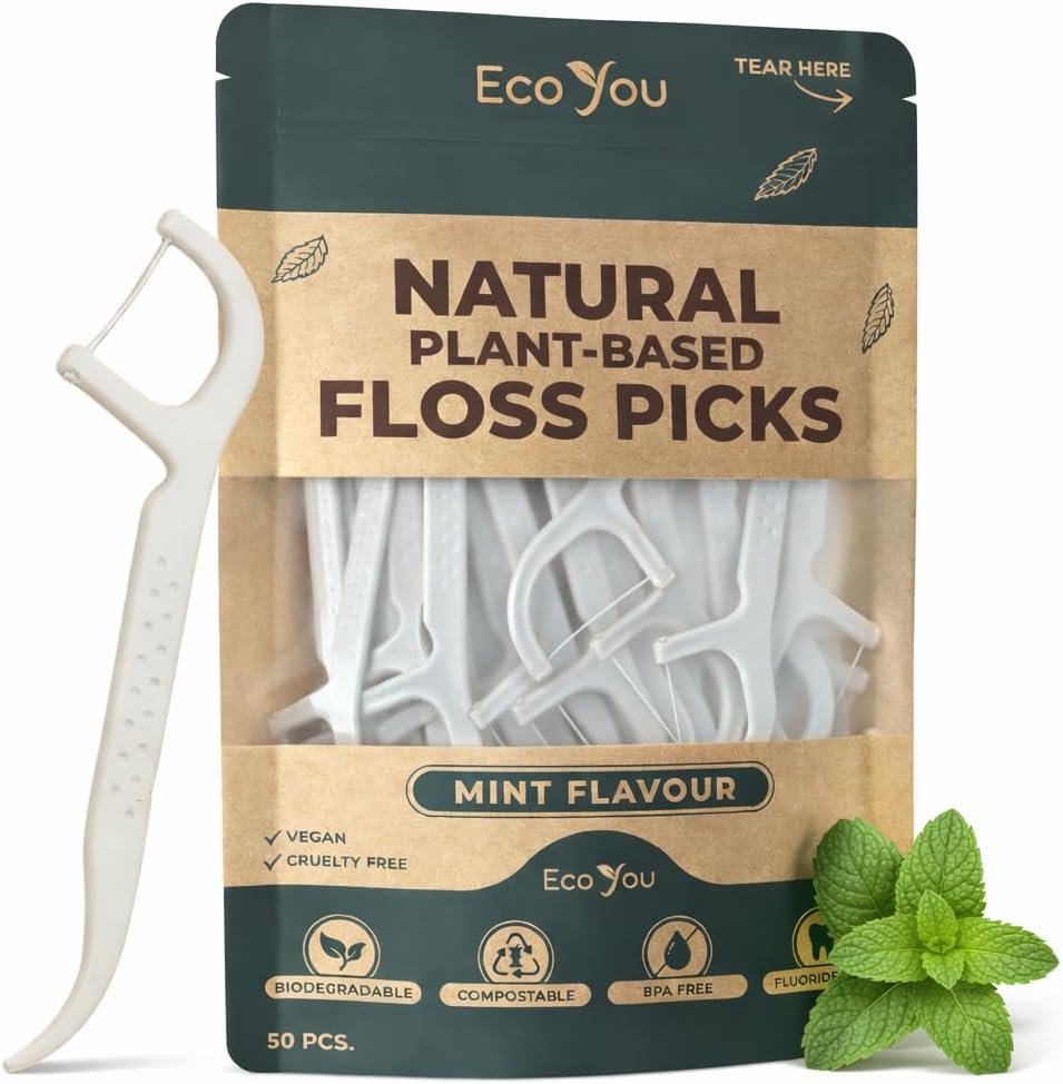 Biodegradable Floss Picks | 50 Count (1 Pack) | Mint Flavor, Candelilla Wax | PFAs Free | Sustainable & Reusable | Vegan & Cruelty-Free | Eco Floss Picks