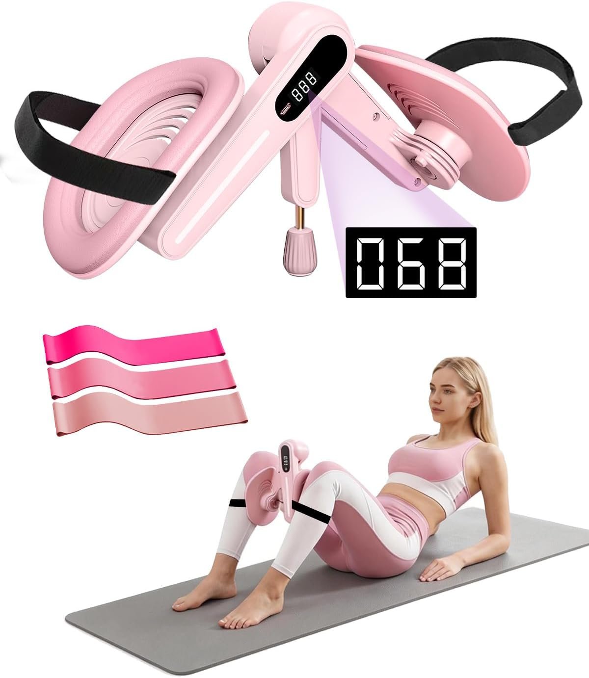 Thigh Trainer for Women, Adjustable Resistance Pelvic Floor Exercise Device with Adjustable Leg Straps & LED Display, 360° Rotatable Inner Thigh Exerciser with 3 Resistance Bands for Women