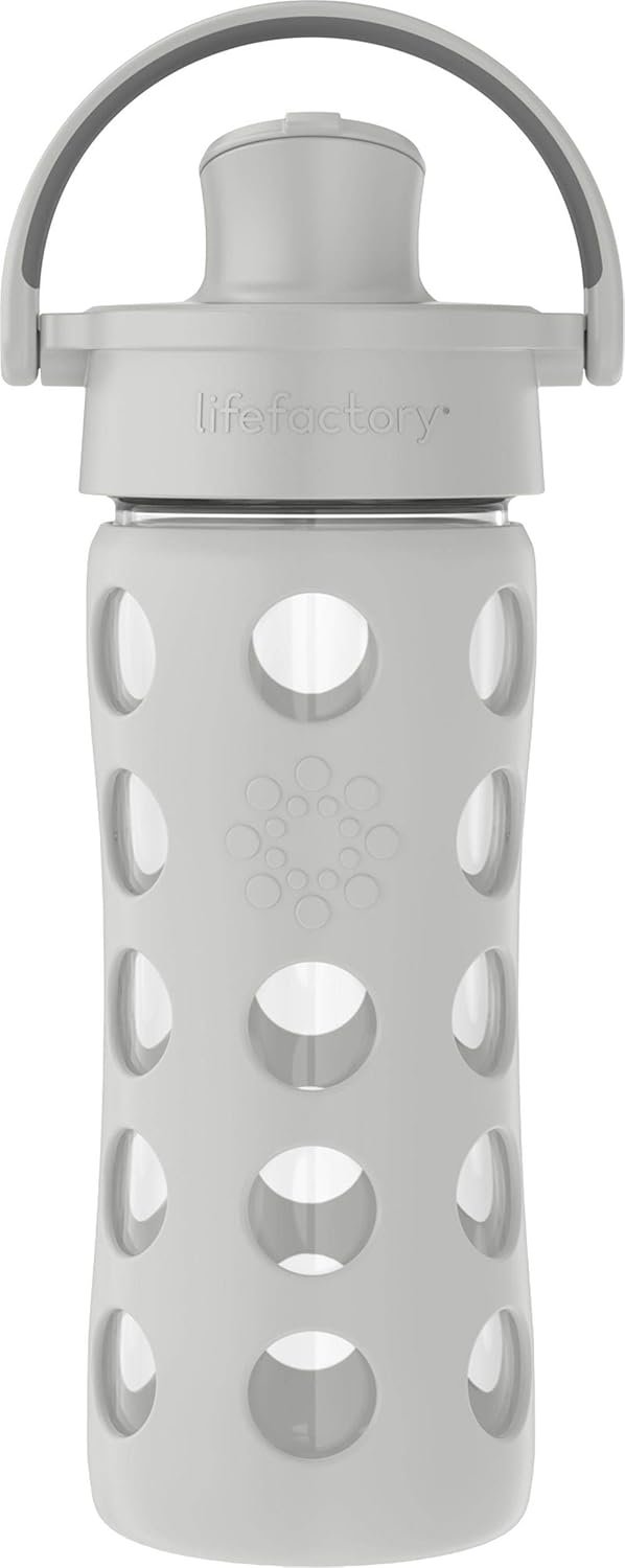 Lifefactory 12-Ounce Glass Water Bottle with Active Flip Cap and Protective Silicone Sleeve, Stone Gray