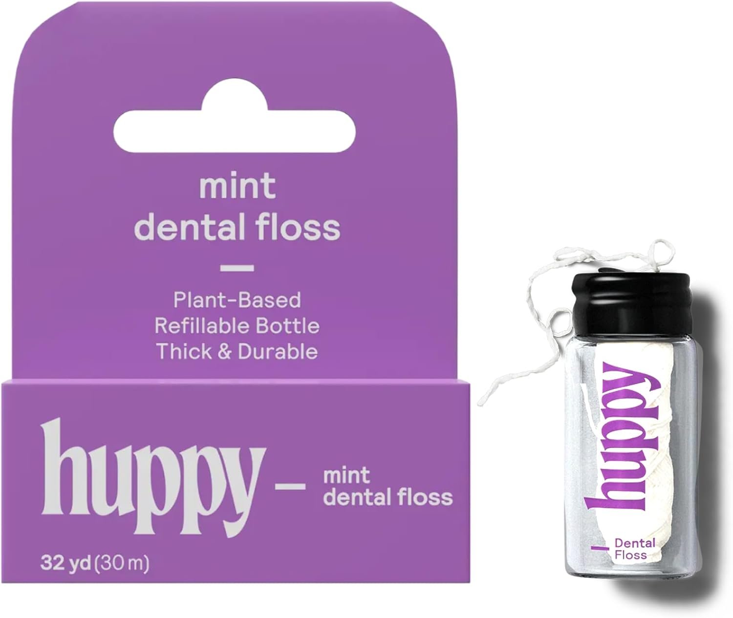 Huppy Vegan Dental Floss, Biodegradable Corn-Starch Floss with Refillable Glass Jar, Natural Candelilla Wax, Plastic Free, Sensitive Gums, Peppermint, 32 Yards