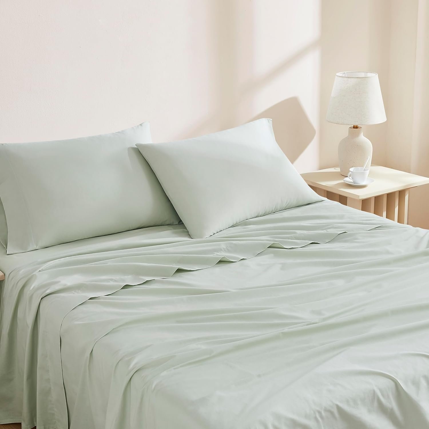 Linen Closet 100% Organic Cotton Twin Sheets Set, 3 Pieces, Light Green – Percale Bed Sheets & Pillowcases Set – Up To 14″ Deep Pocket Fitted Sheet – Cooling, Crisp & Breathable – For Hot Sleepers
