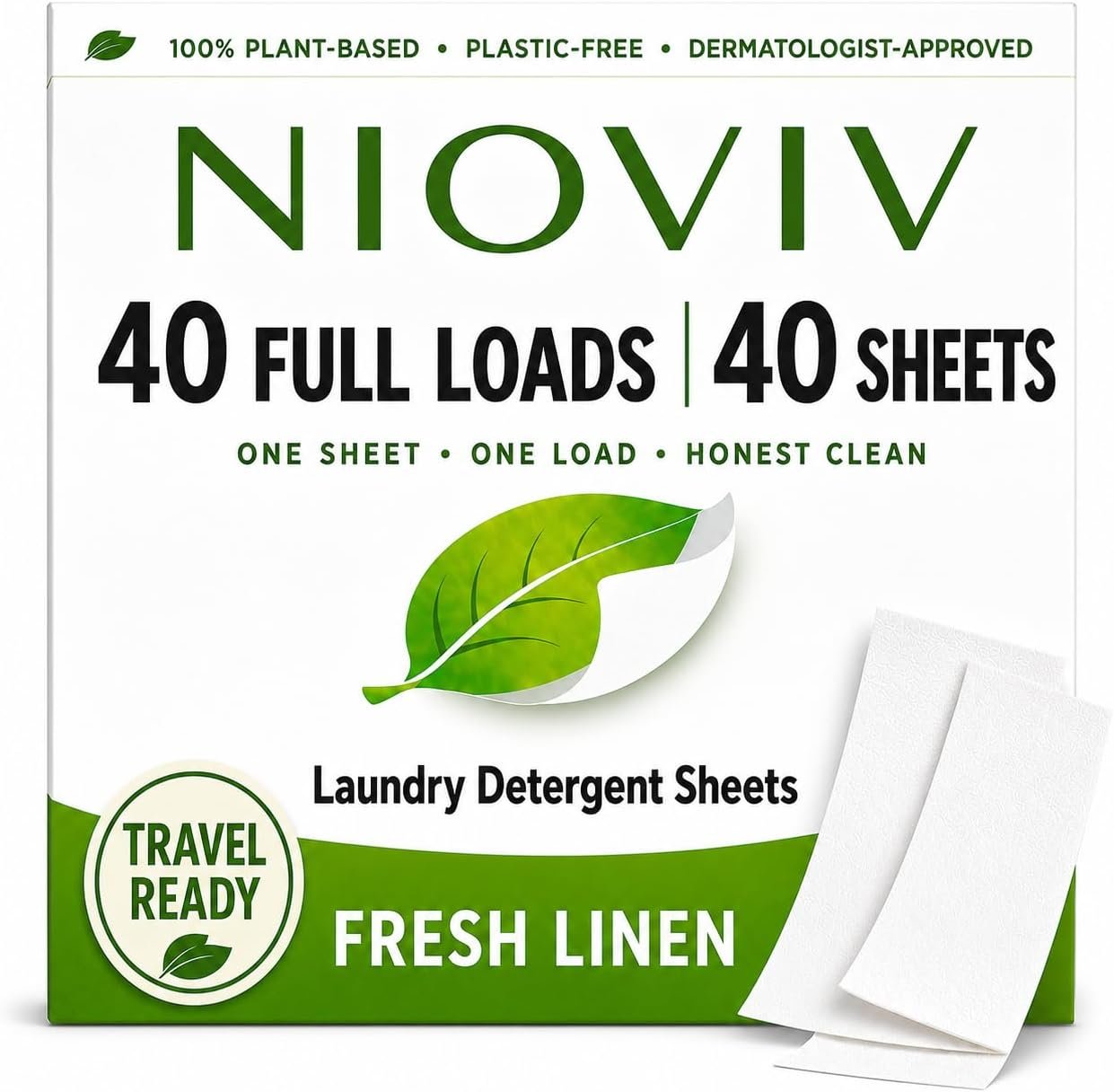 Laundry Detergent Sheets – 40 Full Loads – Travel Laundry Sheets, No Mess No Measuring – Plant-Based, Plastic-Free – Hypoallergenic Fresh Linen Scent