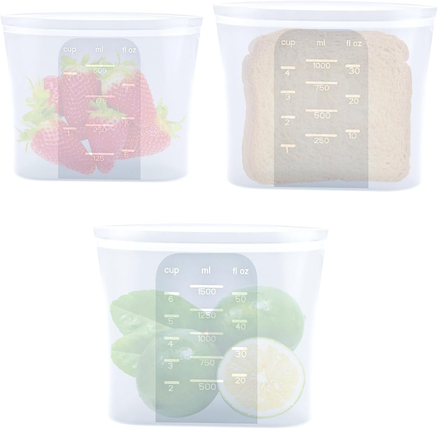 Reusable Silicone Food Storage Bags 3-Pack (17oz, 34oz, 51oz) | Stand Up Leakproof Freezer Bags with Wide Self-Sealing Zipper | Dishwasher, Microwave Safe, BPA Free Eco-Friendly Sous Vide Cooking Bags
