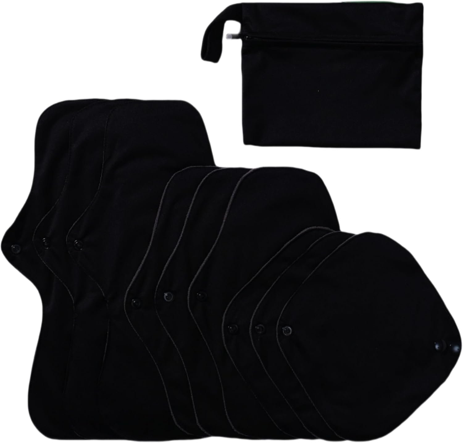 Black Snaps Soft Adjustable Snaps Cloth Reusable Menstrual Pads – Reusable Sanitary Pads | Reusable Panty Liners | -9 pcs Three Size Cloth Sanitary Pad with 1 Bag(3331纯黑)