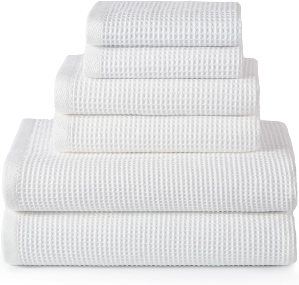 ecolook 6-Piece Waffle Weave Towel Set, 100% Cotton, Lightweight, Absorbent & Quick-Drying, 2 Bath Towels (31×63 in), 2 Hand Towels, 2 Washcloths, Lint-Free for Bathroom, Pool, Gym, Travel – White