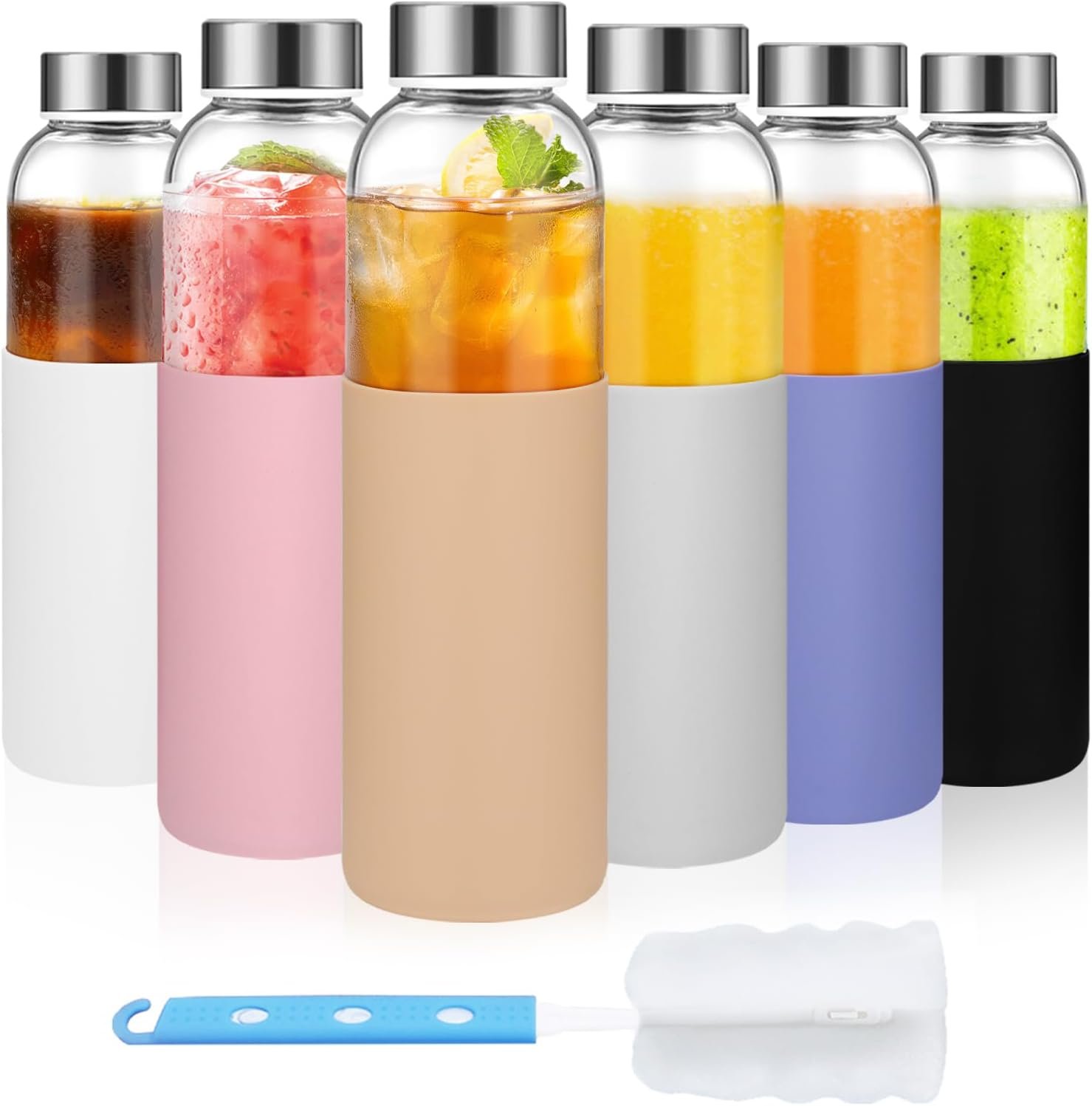 Luxfuel 18 oz Glass Juice Bottles with Lids and Silicone Sleeve, 6 Pack Reusable Clear Glass Water Bottles with Stainless Steel Cap for Juicing, Refrigerator,100% Leak Proof, BPA Free Drinking Bottle