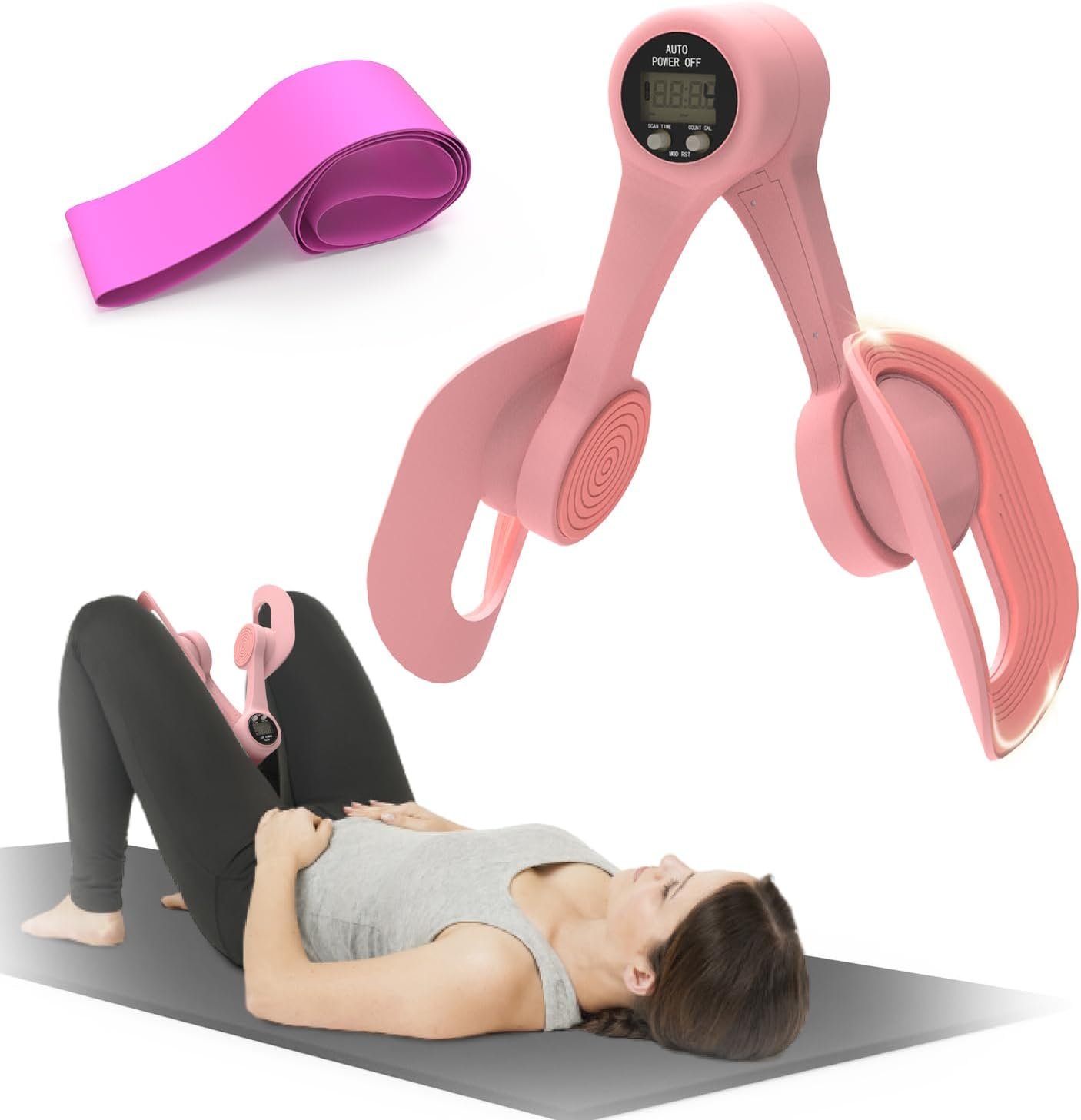 Thigh Trainer for Women, Pelvic Floor Exercise Devices with LED Display, Inner Thigh Exerciser with 20LB Resistance Band, Home Fitness Equipment for Hip, Leg, Arm