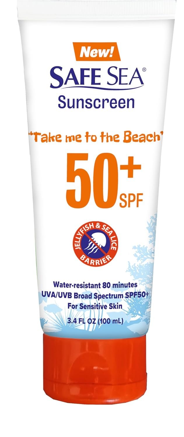 SAFE SEA Jellyfish Sting-Blocking Sunscreen, SPF 50+ travel Size Lotion, Waterproof, Biodegradable, Body and Face Sunscreen, Anti-Jellyfish and Sea-Lice sting protection (Tube 3.4 oz)