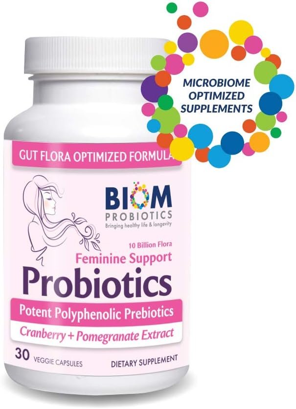 Biom Complete Feminine Balance Women’s Daily Probiotics + Prebiotics with Organic Cranberry & Pomegranate with Lactobacillus crispatus, Gluten &, Dairy-Free. 30 Servings