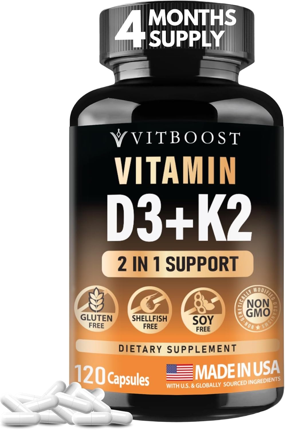 VITBOOST Vitamin D3 K2 Complex – Easy to Swallow – Vitamin D (D3) 5000 IU (125 mcg) & K2(MK-7) 90 mcg | Non-GMO | Gluten-Free | USA Made | 120 Capsules