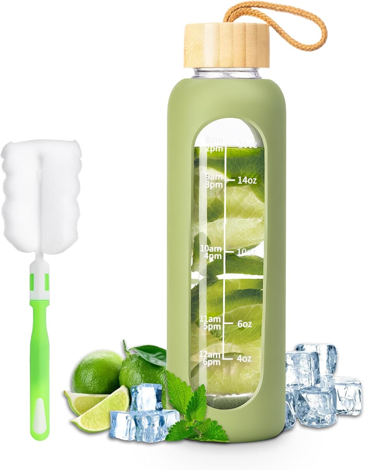 FrutPunch 18 OZ Glass Water Bottles, Water Bottle with Time Marker, Leakproof Glass Water Bottles with Silicone Sleeves, Suitable for Offices and Gyms. (Green)