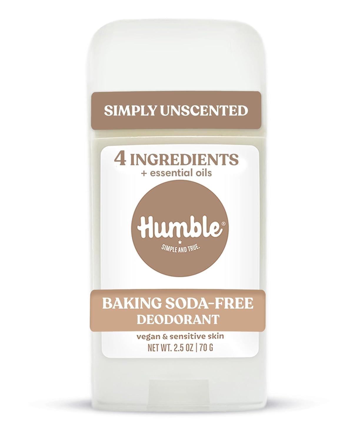 Humble Aluminum-Free Deodorant for Women & Men, Simply Unscented – Baking Soda-Free Natural Deodorant Stick for Sensitive Skin with Essential Oils for Long-Lasting Odor Control, 2.5 Oz