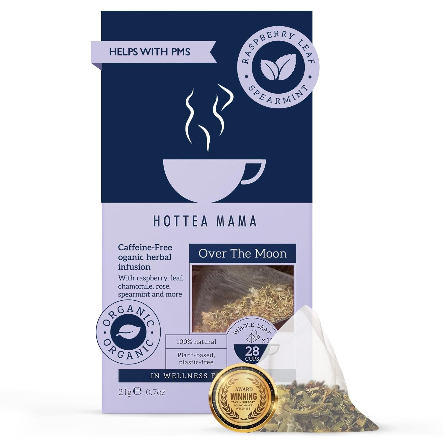 HOTTEA MAMA | Over The Moon | Period Support Tea | Spearmint, Raspberry Leaf, Rose, Chamomile, Dandelion Root | 14 Whole Leaf Biodegradable Tea Bags (28 Cups)