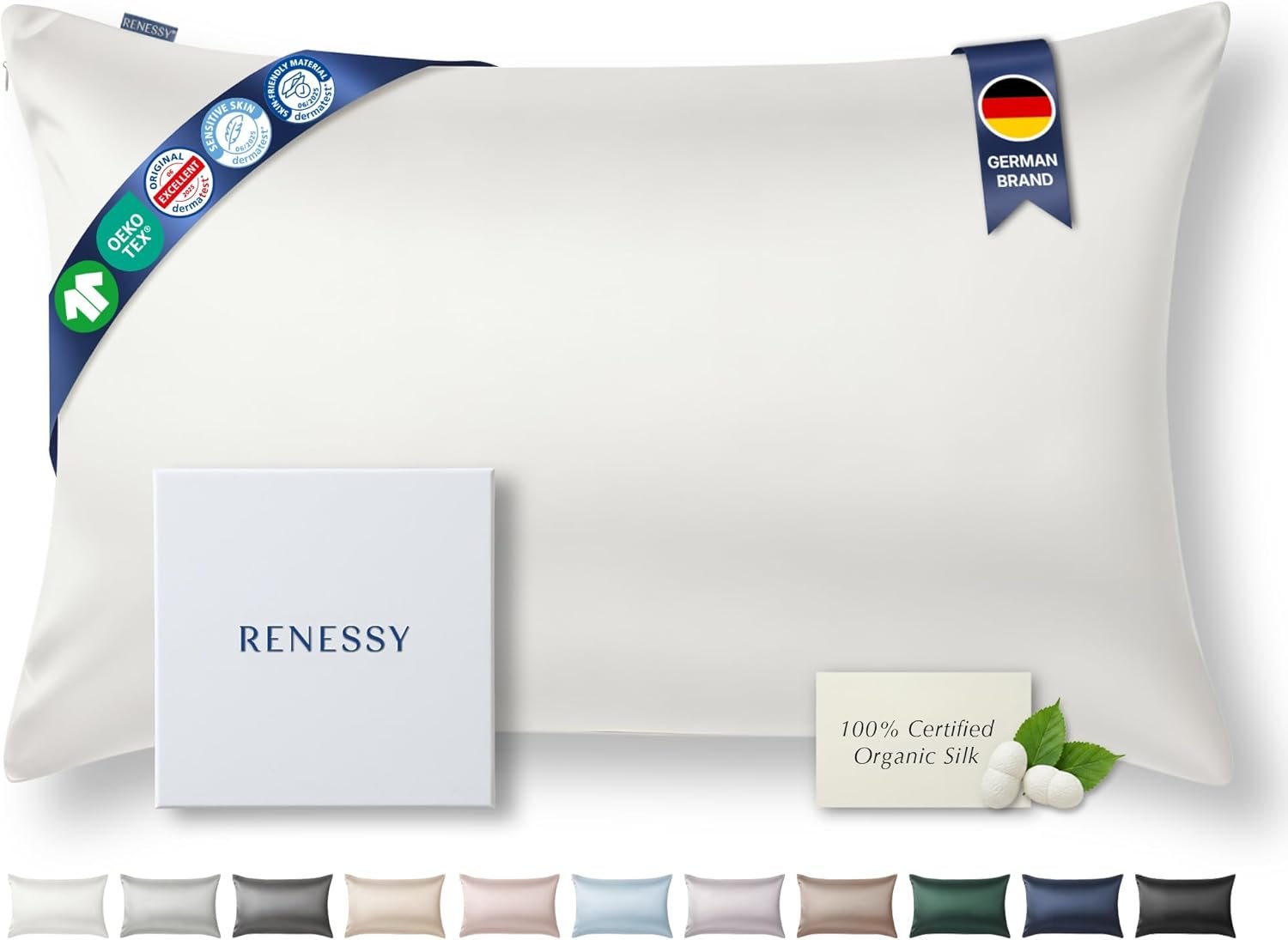 Premium Silk Pillowcase 100% Organic Mulberry Silk, 22 Momme, Grade 6A – Oeko-Tex Certified in Germany – Luxury for Hair & Skin, 1 Piece (Standard, White)