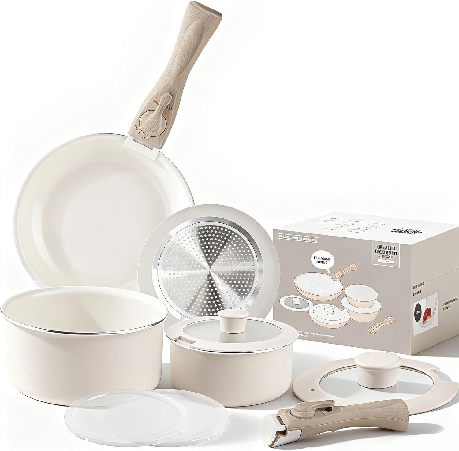Heapsion 10-Piece Ceramic Nonstick Cookware Set, PFAS/PFOA/PTFE-Free & Non-Toxic Pots and Pans Set with Detachable Handles, Dishwasher Safe & Induction Compatible for Kitchen & RV Cooking