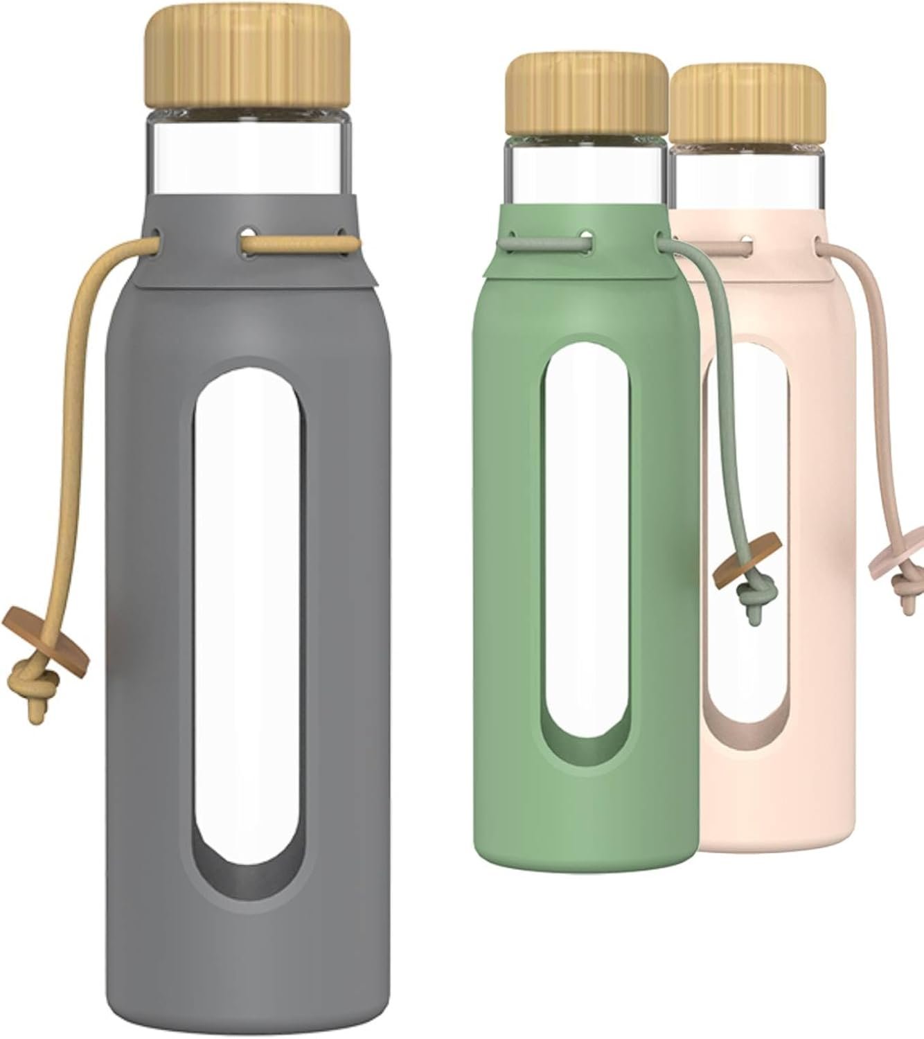 Borosilicate Glass Drinking Bottle with Bamboo Lid and Silicone Sleeve, 22 oz Reusable Water Bottle with Carry Cord for Travel, Leak Proof, BPA-Free (Storm Gray)