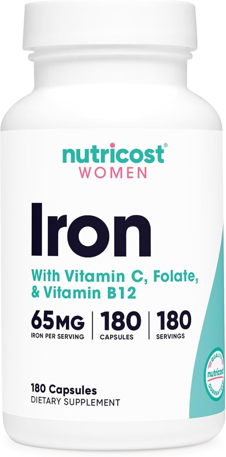 Nutricost Iron for Women 65mg, 180 Capsules, with Vitamin C, Folate, & Vitamin B12 – Vegetarian Friendly, Non-GMO, Gluten Free