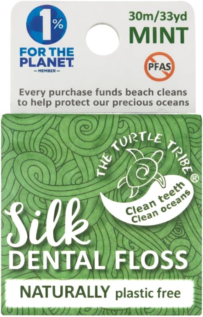 The Turtle Tribe® Natural Dental Floss, 33 Yards, 100% Pure Silk Floss, Plastic Free, PFAS Free, Funding Beach Cleans to Protect Our Precious Oceans, Mint Flavour