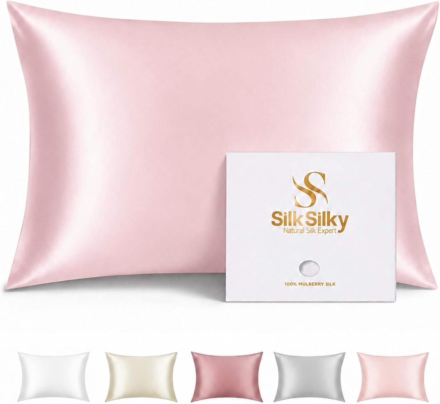 SilkSilky 100% Pure Organic Mulberry Silk Pillowcase for Hair & Skin, Both Sides Grade 6A Pillow Cases with Hidden Zipper, Breathable Cooling Silk for Beauty Sleep (Standard 20”x26”, Pink)