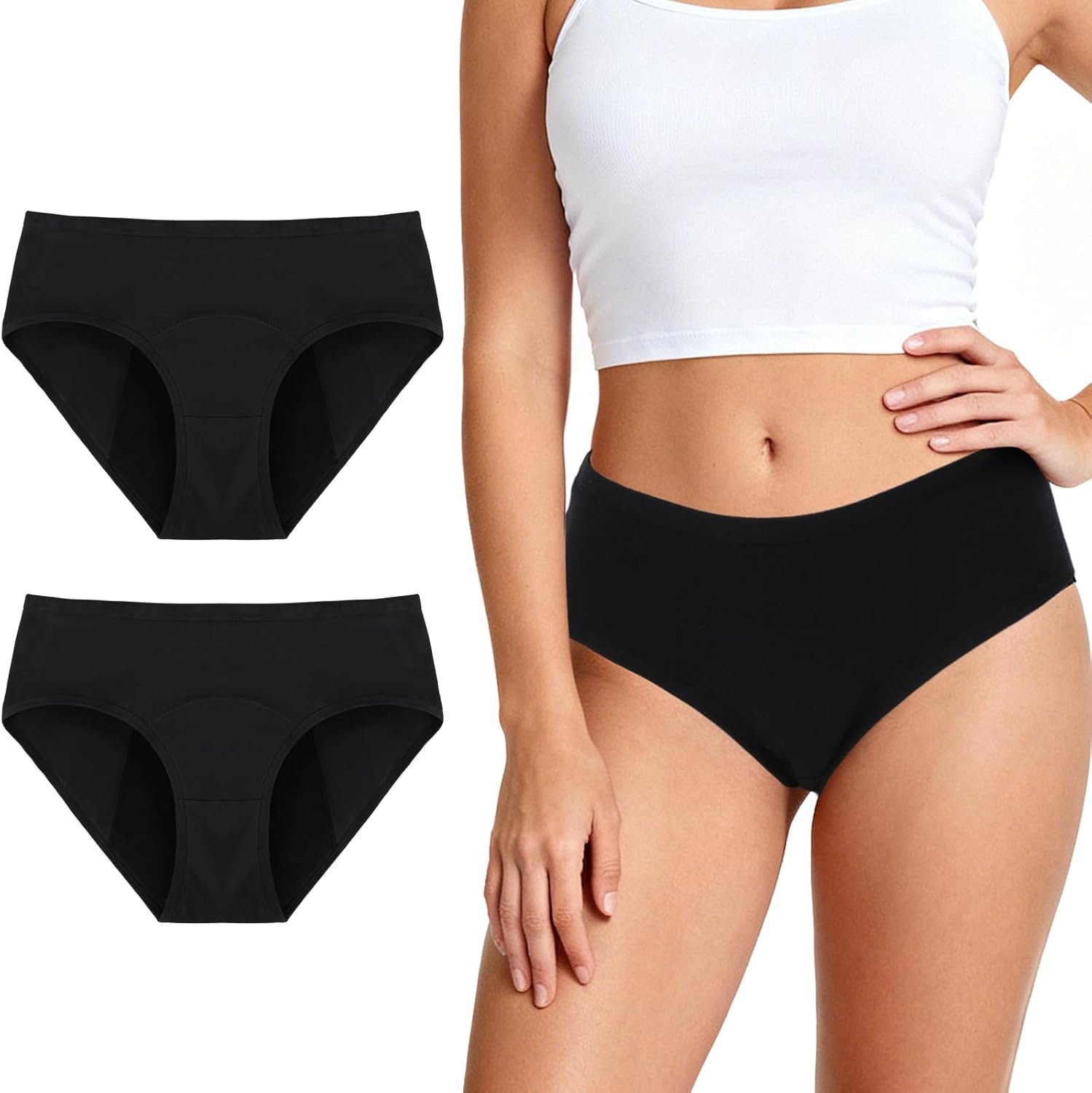 Period Underwear for Women, Cotton Panties Washable& Reusable, 60ML High Leak Proof Underwear, Breathable Briefs for Period/Incontinence/Postpartum Black- 2pack-L