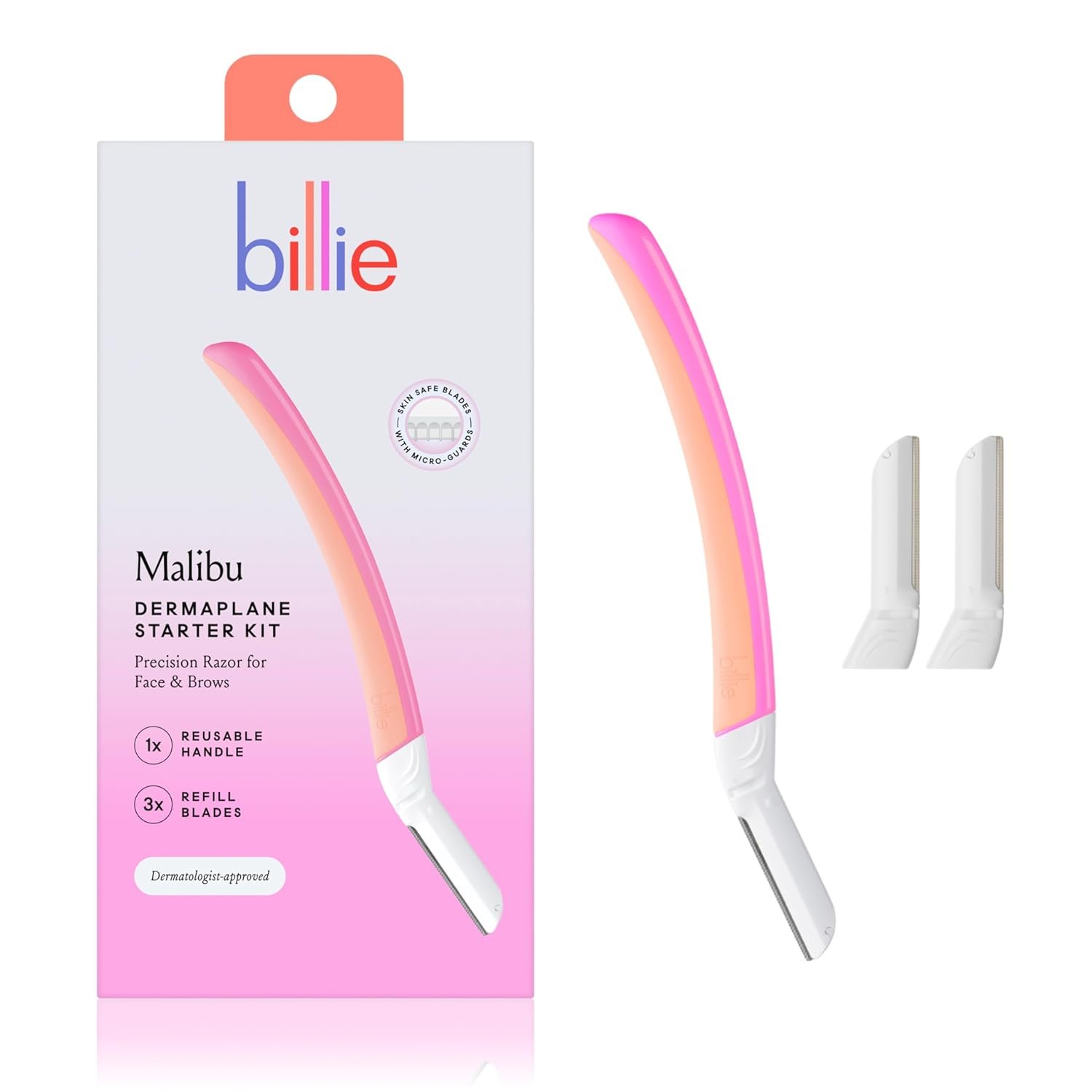 Billie – Dermaplane Starter Kit – Reusable Handle + 3 Refill Blades – Remove Facial Hair + Perfectly Shape Brows – Dermatologist-Approved – Malibu