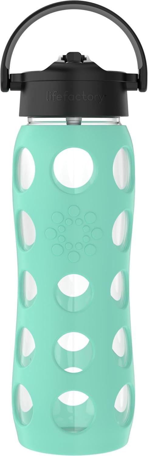 Lifefactory 22-Ounce Glass Water Bottle with Pivot Straw Cap and Protective Silicone Sleeve, Sea Green