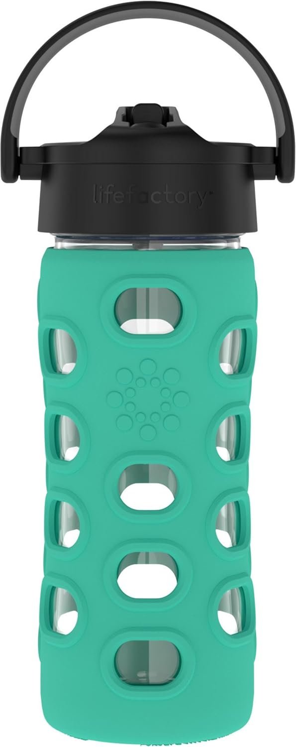 Lifefactory 12-Ounce Glass Water Bottle with Pivot Straw Cap and Protective Silicone Sleeve, Kale
