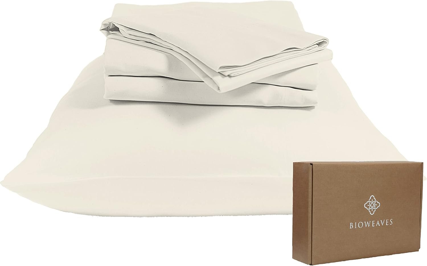 BIOWEAVES 100% Organic Cotton Sheets, 300 Thread Count 4-Piece GOTS Certified Bed Sheet Set Fits Mattress Upto 17″ Deep Pocket, Soft & Silky Sateen Weave (Queen, Undyed Natural)
