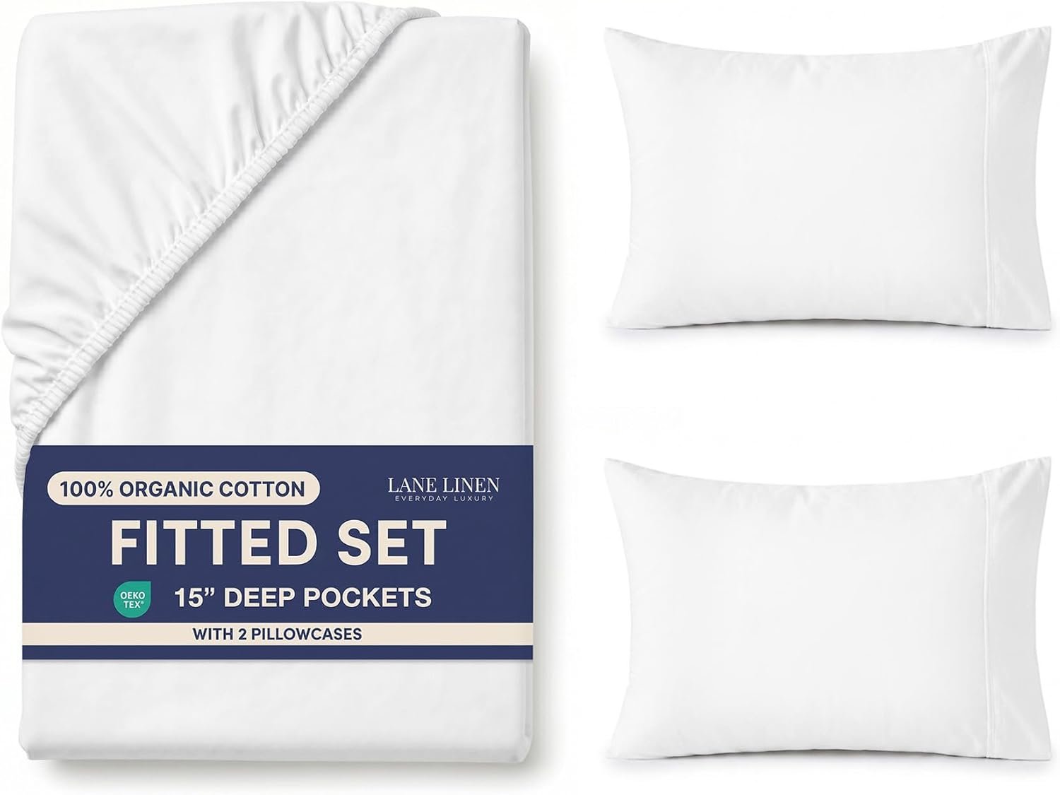 LANE LINEN Fitted Sheet Full Size, 100% Organic Cotton, 3-Piece Set (1 Fitted Sheet, 2 Pillowcases) Percale Weave, Bed Fitted Sheets, Breathable, Fits Mattress Upto 15″ Deep – White (No Flat Sheet)