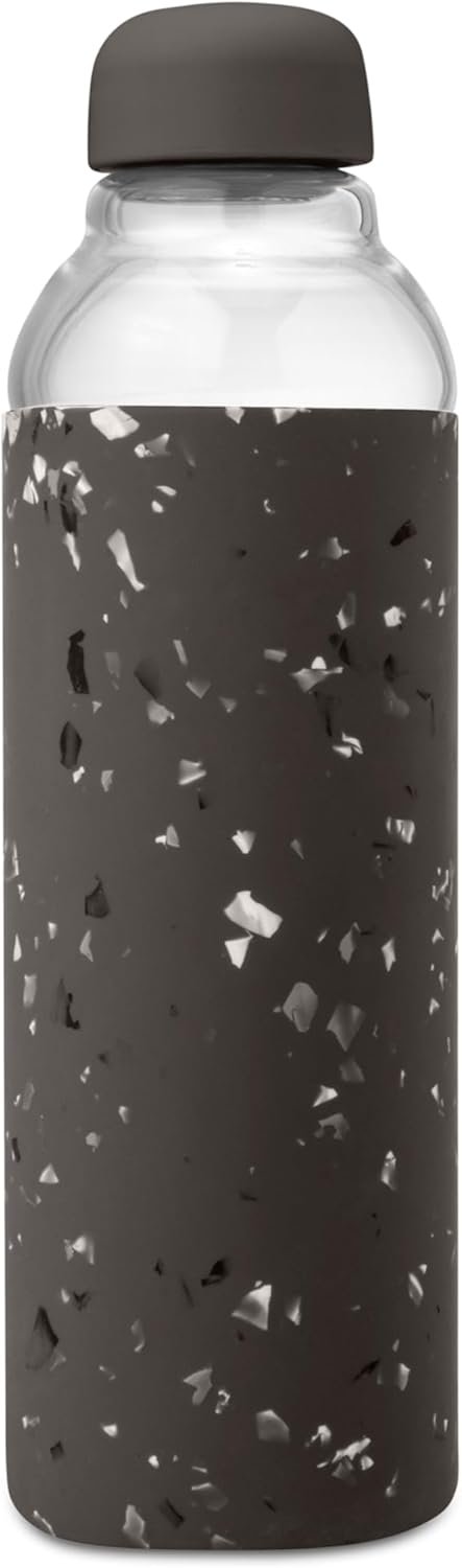 W&P Porter Glass Water Bottle w/Protective Silicone Sleeve | Terazzo Charcoal 20 Ounces | On-the-Go | Reusable Bottle for Coffee, Tea and Water | Portable