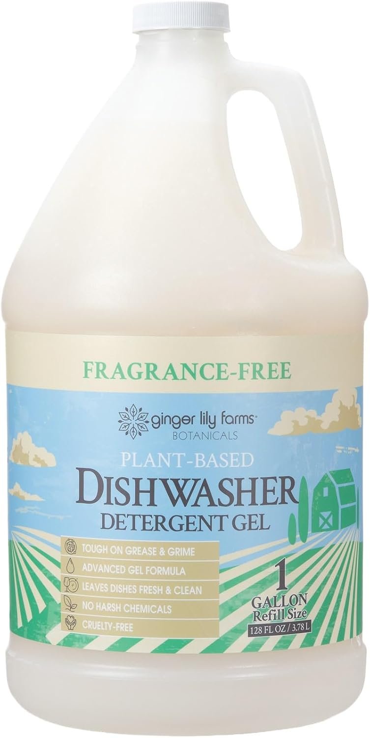 Ginger Lily Farms Plant-Based Dishwasher Detergent Gel, Fragrance-Free, 1 Gallon (128 Fl Oz) Refill, Eco-Friendly, 100% Vegan & Cruelty-Free