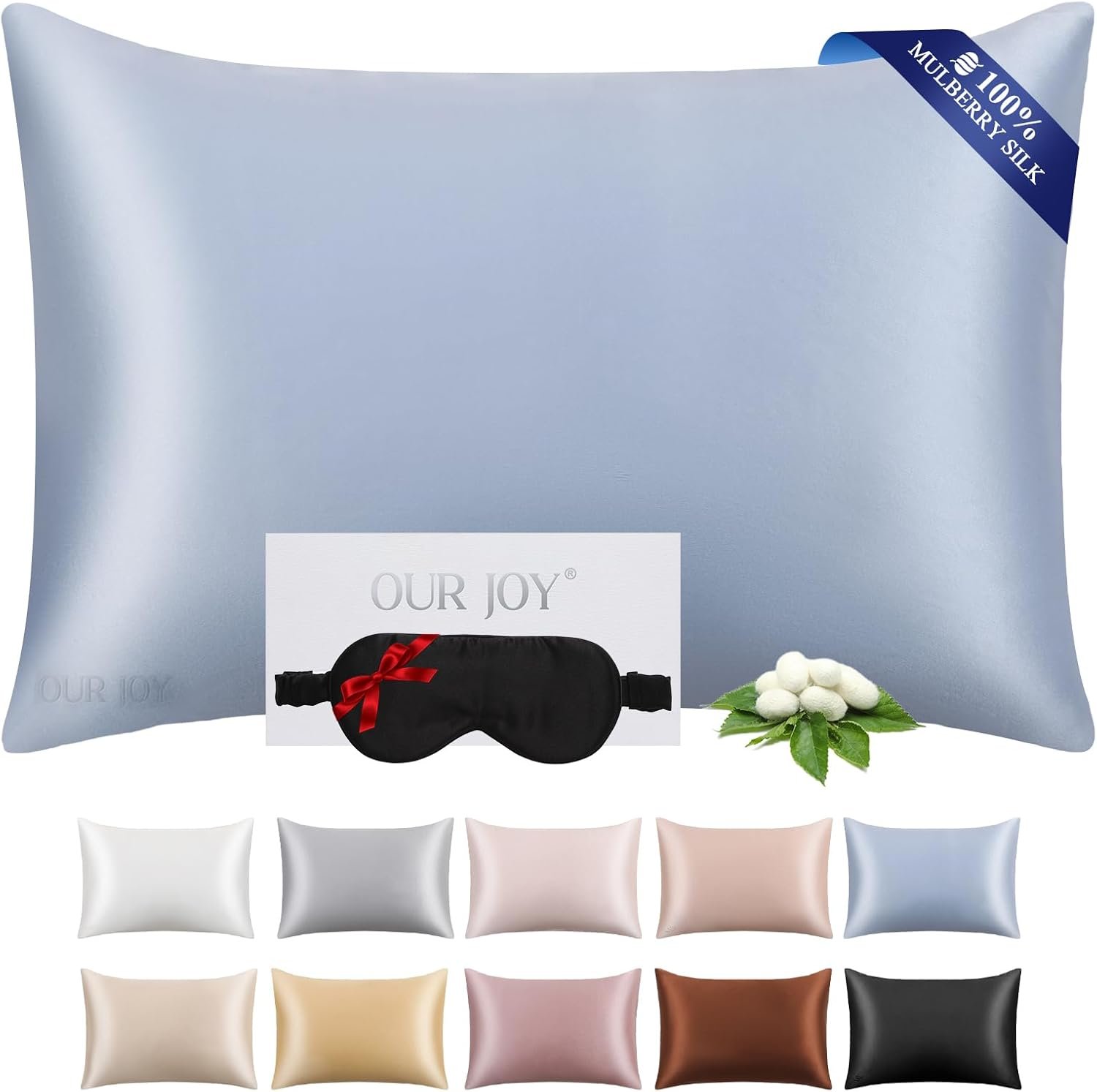 100% Mulberry Silk Pillowcase 22 Momme (SGS Certified) with Free Silk Eye Mask – Luxury Gift-Ready Folded Packaging, Cooling Pillow Cover for Hair & Skin Care (Ash Blue, Standard (1 Pack))