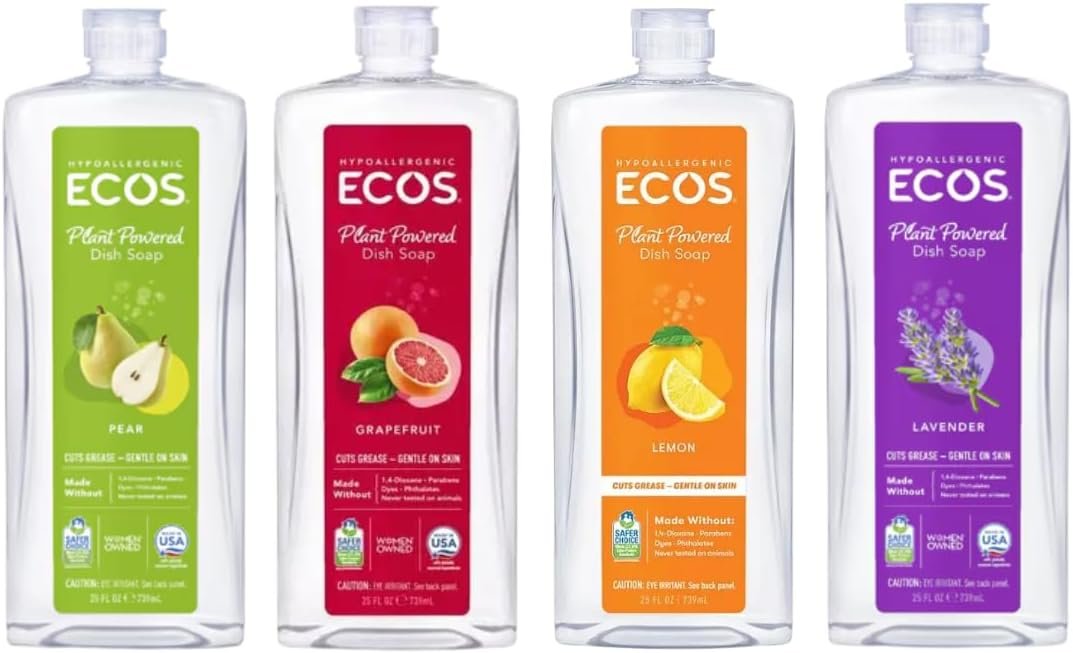 ECOS Plant Based Dish Soap Variety Pack – Natural Dishwashing Liquid Cuts Grease – Hypoallergenic for Sensitive Skin – Free & Clear, Lavender, Grapefruit, Pear – 25 Oz (4 Pack)