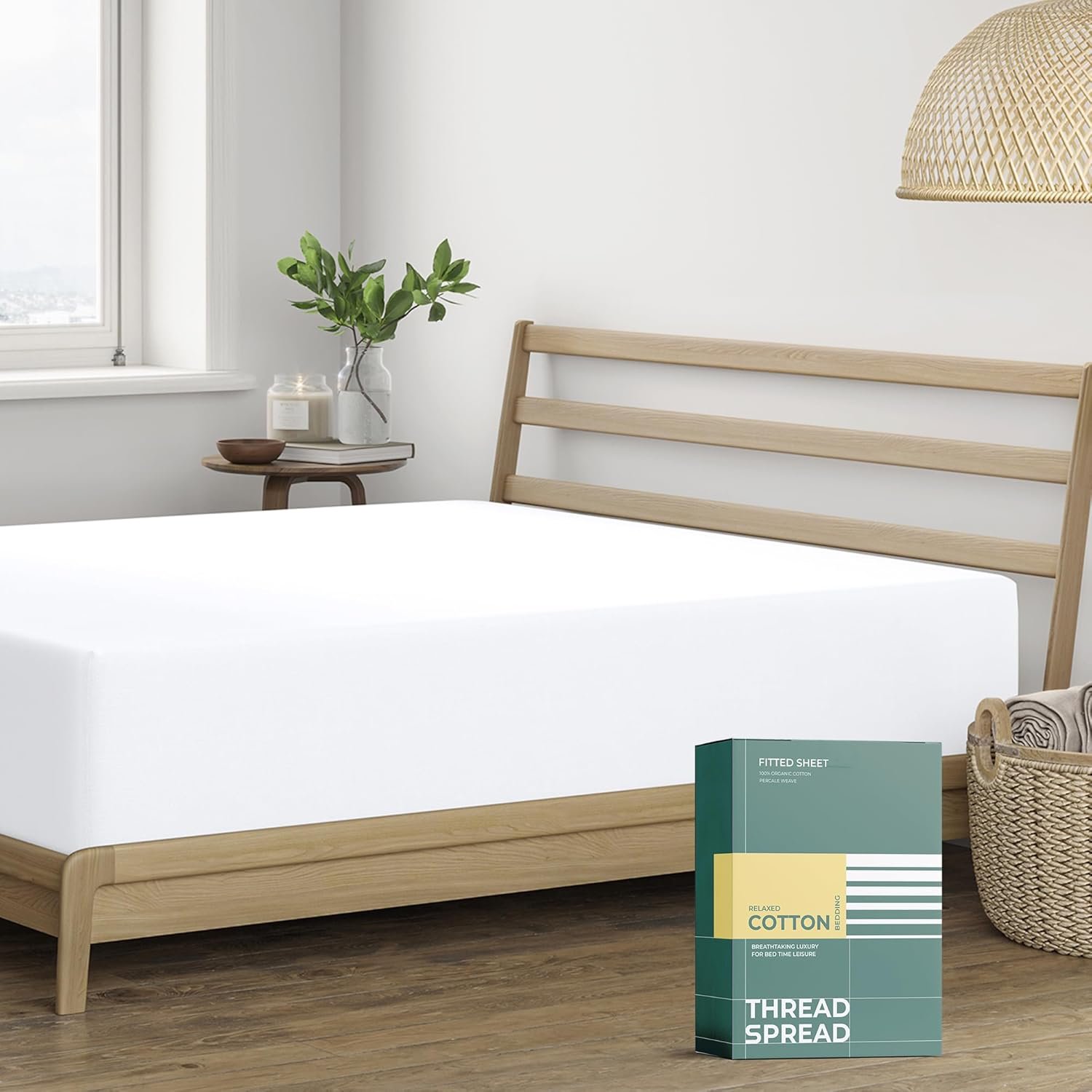 THREAD SPREAD 100% Organic Cotton Percale Weave Fitted Sheet, Deep Pocket, Crisp and Cool Bed Linen – GOTS Certified Sheets – 1 PC, King White
