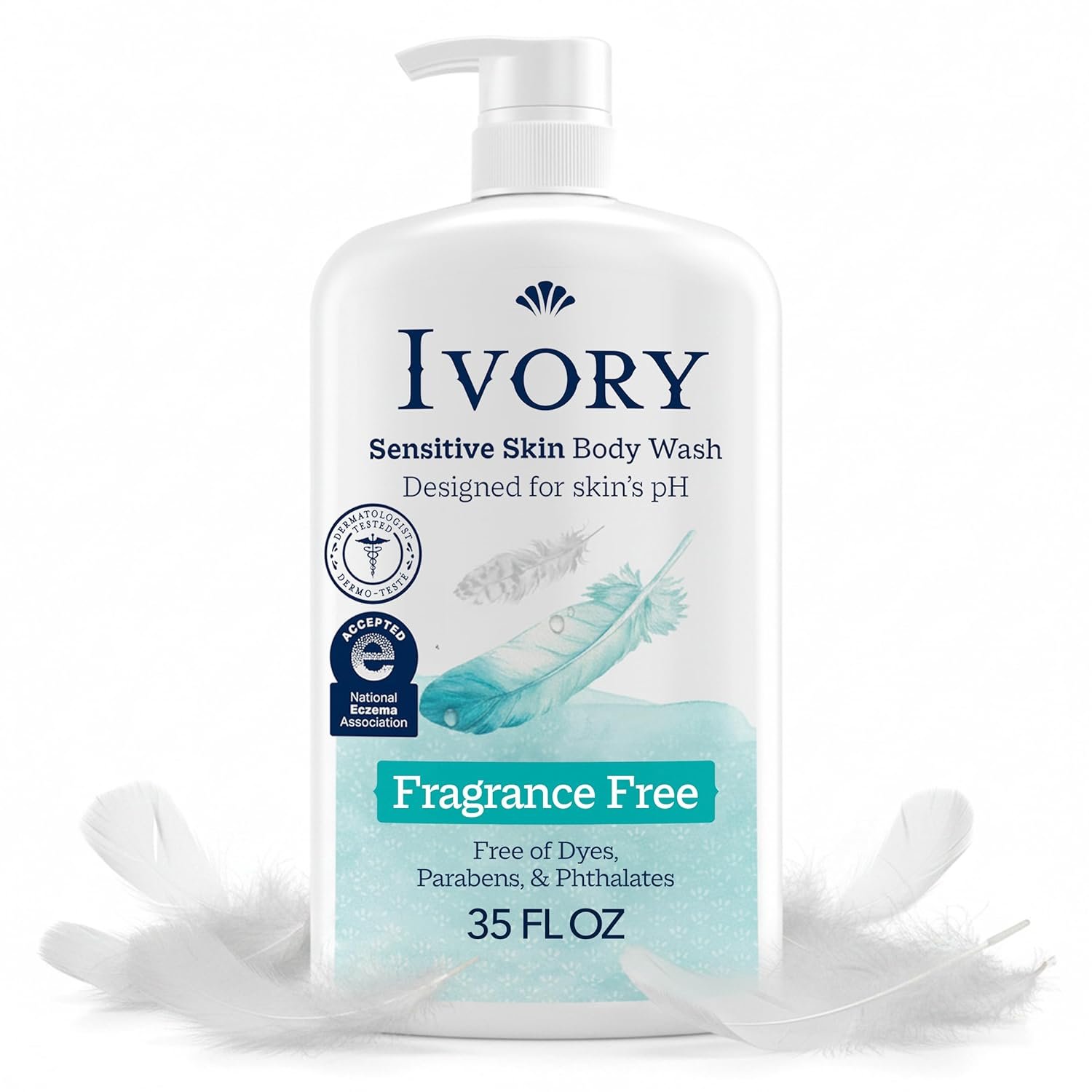 Ivory Body Wash, Designed for the Whole Family, Gentle Formula, Free of Dyes Heavy Perfumes Parabens Phthalates & Silicones, Designed for Skin’s pH, Fragrance-Free, 35 oz