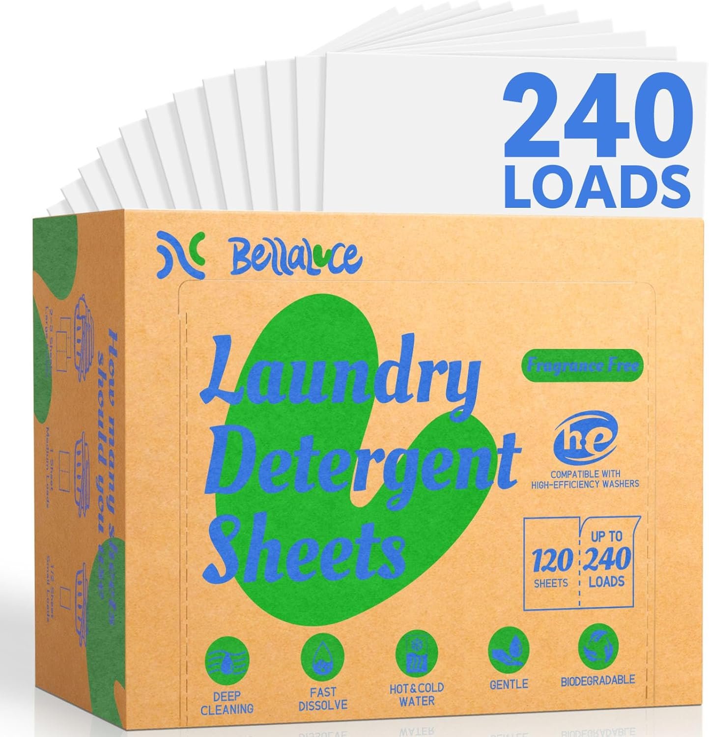 BellaLuce Fragrance Free Laundry Detergent Sheets – 240 Loads Hypoallergenic & Eco-Friendly Laundry Sheets Detergent, Plastic-Free Washer Sheets for Home, Dorm & Apartment