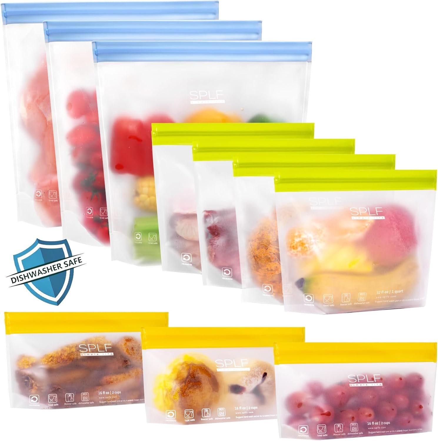 SPLF 10 Pack Stand-Up Reusable Food Storage Bags Dishwasher Safe, BPA Free Reusable Freezer Bags, Extra Thick Leakproof for Meal Prep, Sandwich, Bread, Veggies – 3 Gallon 4 Quart 3 Snack