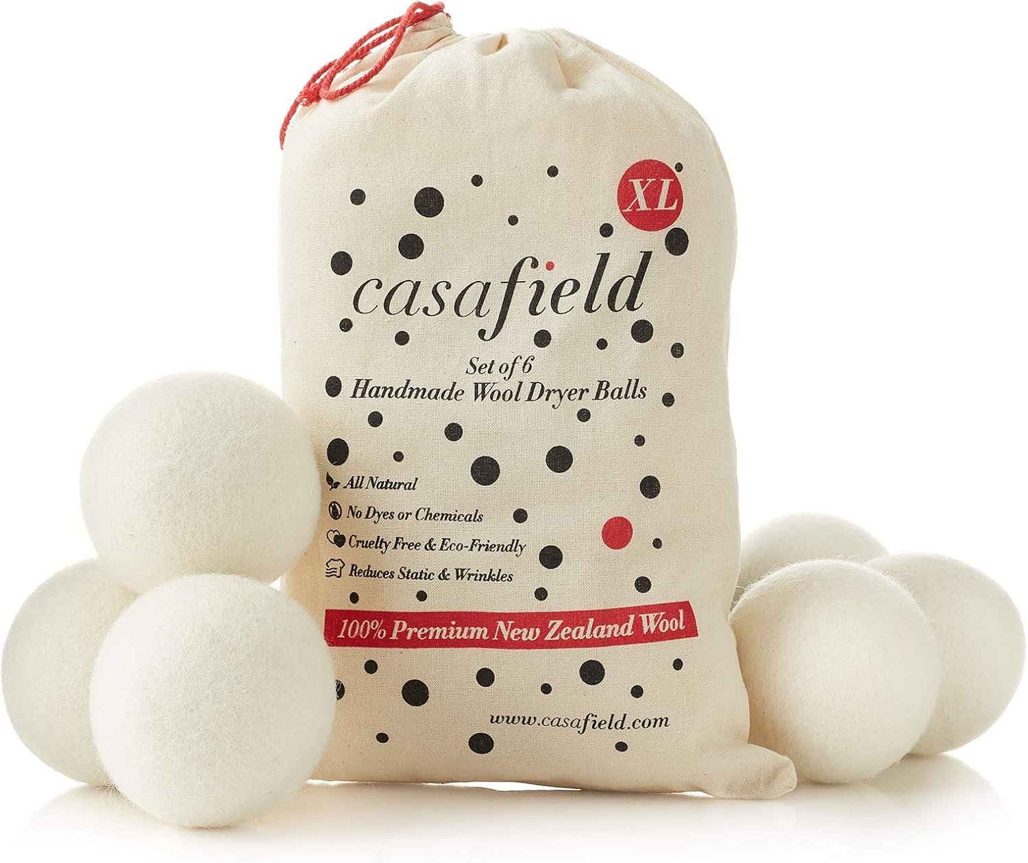 Casafield Wool Dryer Balls Set of 6, Extra Large Organic Handmade 100% New Zealand Wool, Natural Laundry Fabric Softener