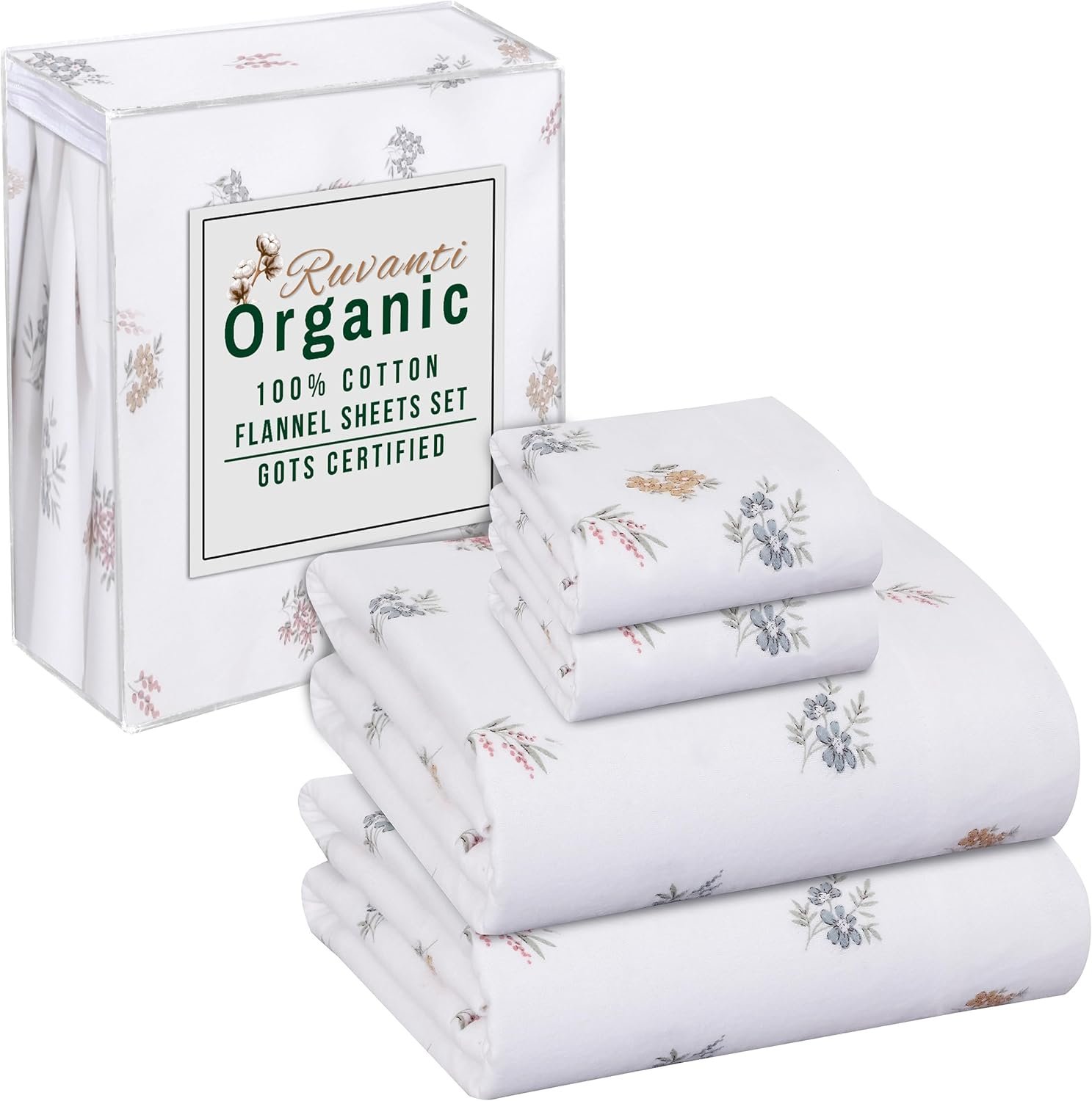 RUVANTI Flannel Sheets Full Size – GOTS Certified 100% Organic Cotton, 4 Piece Warm, Soft & Breathable Set, Deep Pocket Snug Fit, Double Brushed Cozy All Season Bedding, Floral
