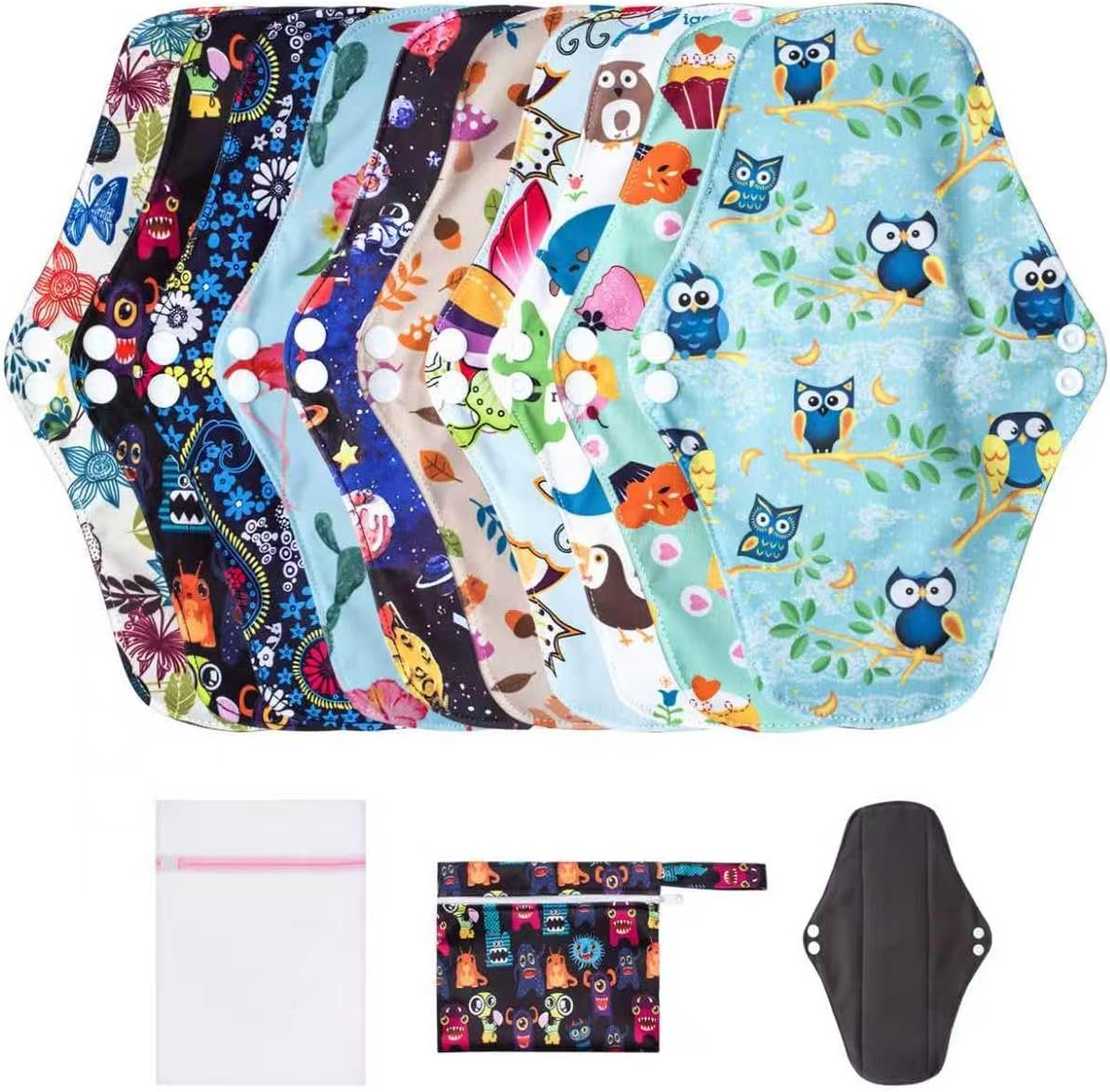LUCKYPADS Reusable Menstrual Pads, 10 Pcs Washable Cloth Pads & Period Pads for Women (7.5 × 10 Inches) with Wet Bag & Laundry Bag, Leak-Proof 4-Layer Reusable Sanitary Pads