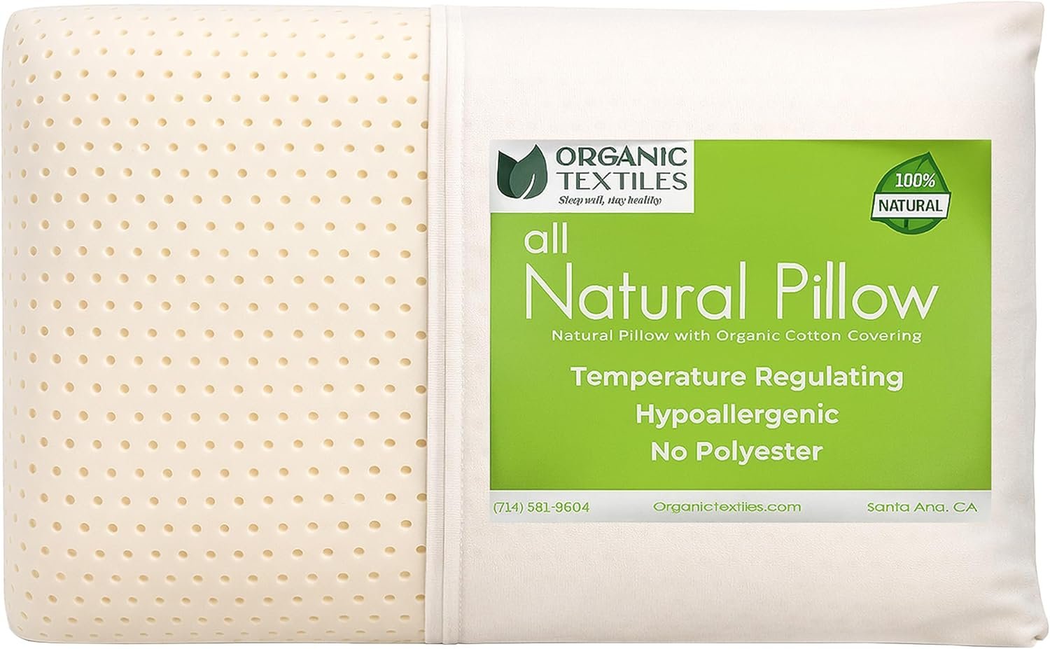 ORGANIC TEXTILES Natural Latex Pillow (Standard Size, Medium), with 100% Organic Cotton Cover Protector, Helps Relieve Pressure, Sleeping Support, Back and Side Sleepers