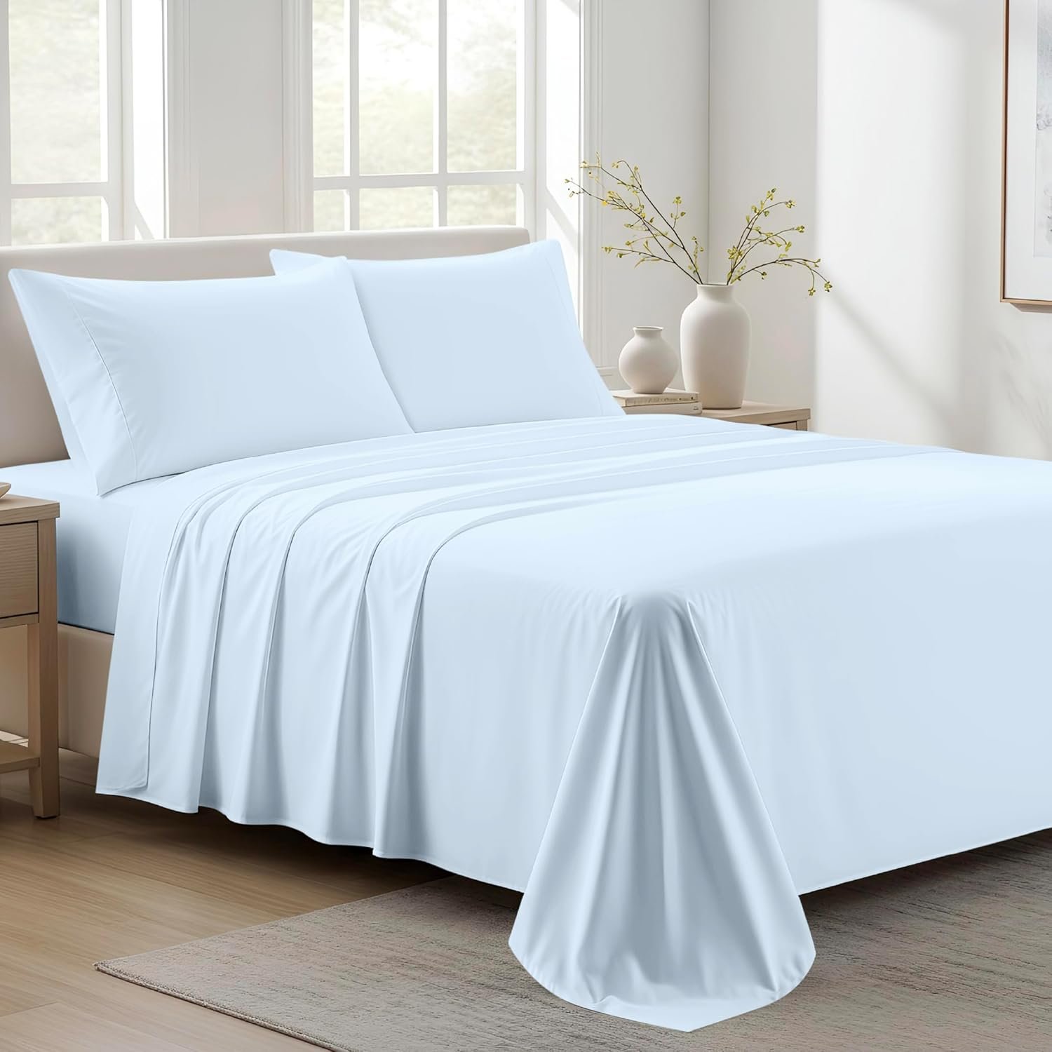100% Organic Cotton Sheets Full Size – Organic Cotton Full Size Percale Weave Sheet Set (4 PC, Light Blue), Soft, Cooling, Crisp & Breathable, 16″ Deep Pocket Hotel Quality Bedding Set
